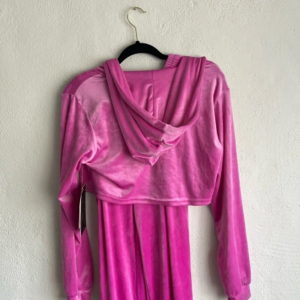 Vivre La Vie Velvet Pink Y2K Jogger and Crop Hooded Sweatshirt Set, Size L